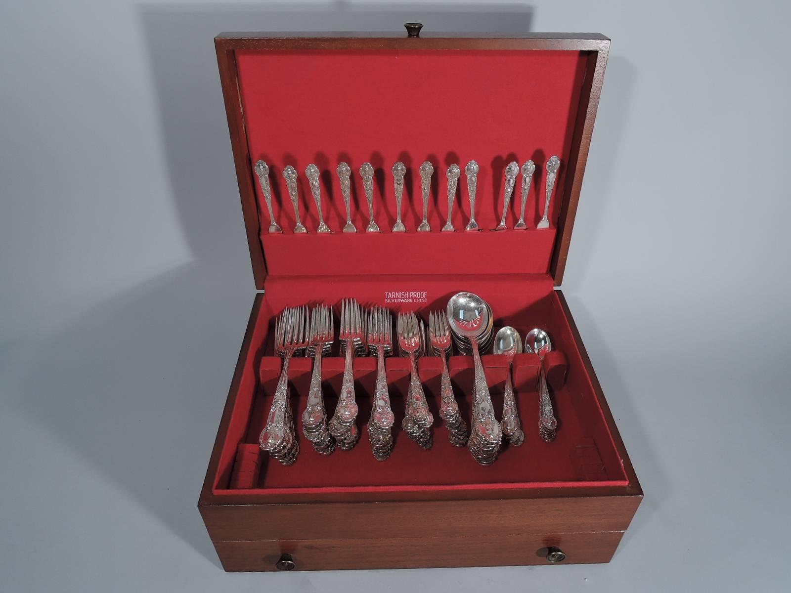 Group of antique sterling silver flatware pieces in Renaissance pattern. Made by Tiffany & Co. in New York.

This group comprises 111 pieces (dimensions in inches): 15 butter knives (6 1/8); Forks: Six dinner forks (7 7/8), 27 forks (6 7/8) and 18