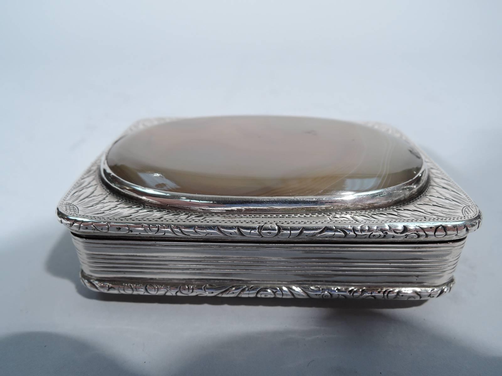 Georgian sterling silver snuff box. Made by Lawrence & Co. in Birmingham in 1822. Rectangular with inset reeded sides and hinged cover. Large oval agate plaques inset on cover and bottom bordered by engraved flower petals. Interior richly gilt.