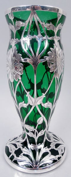 Antique Matthews Art Nouveau Green Daisy Silver Overlay 8-Inch Vase
