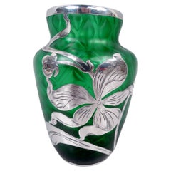 Antique Austrian Art Nouveau Quilted Green Silver Overlay Bud Vase