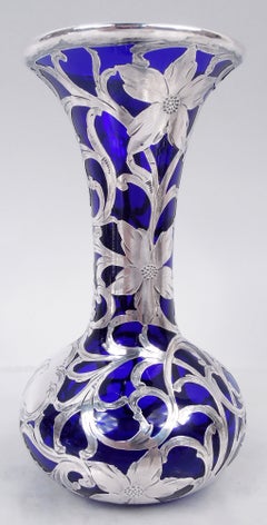 Rare Alvin Art Nouveau Cobalt Silver Overlay 6-Inch Vase