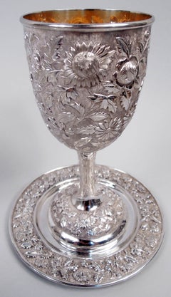 Set of 12 Chinese Edwardian Classical Repousse Silver Goblets on Stand