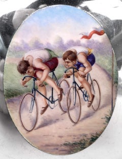 Antique Swiss Silver & Enamel Cigarette Case with Bicycle Race