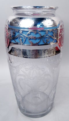 Amerikanische Vase im edwardianisch-regency-Stil mit Silberverzierung und Emaille, 14 Zoll