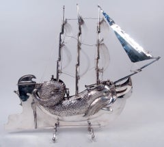 Antique Dutch Silver 3-Mast Dolphin Nef Centerpiece
