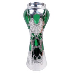 American Art Nouveau Classical Green Silver Overlay 14-Inch Vase