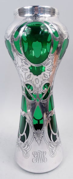 American Art Nouveau Classical Green Silver Overlay 14-Inch Vase