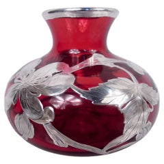 Jarrón antiguo americano de estilo Art Nouveau, con detalles en plata y 3 pulgadas de altura