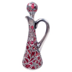 Antique Alvin American Art Nouveau Red Silver Overlay Oil Cruet