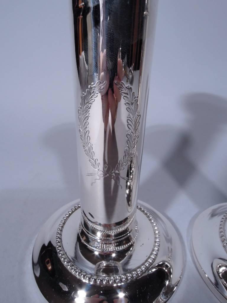 American Pair of Sterling Silver Beaded Column Candlesticks by Goodnow & Jenks