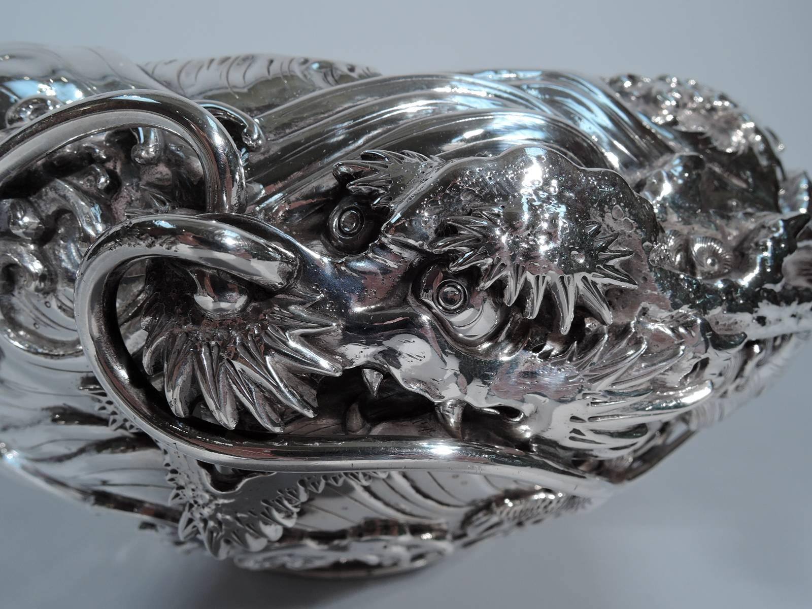 Meiji Fantastic Japanese Silver Centerpiece Bowl with Dragon