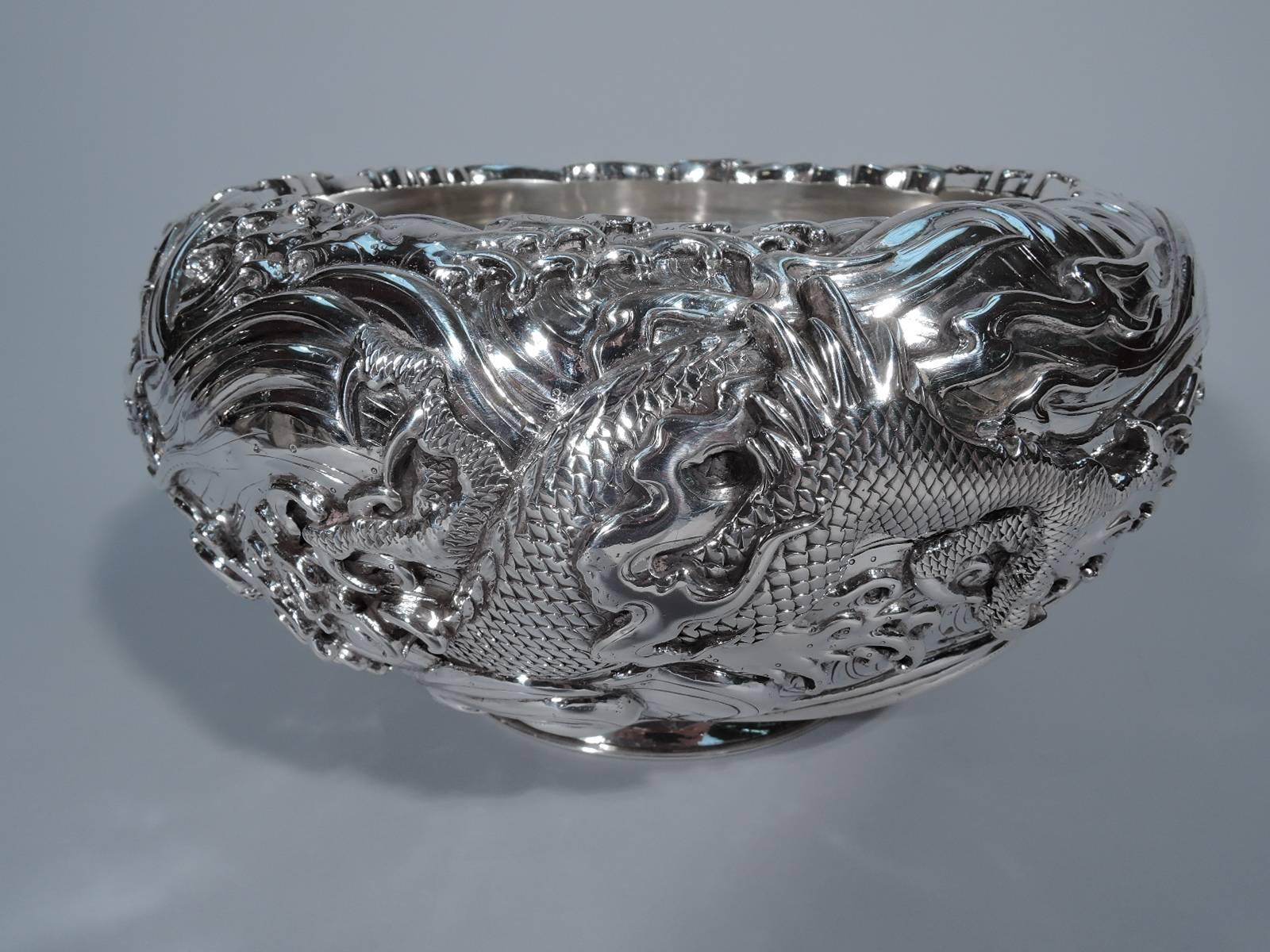 Fantastic Japanese Silver Centerpiece Bowl with Dragon In Excellent Condition In New York, NY