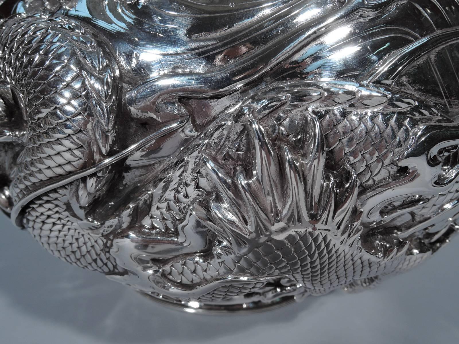 19th Century Fantastic Japanese Silver Centerpiece Bowl with Dragon