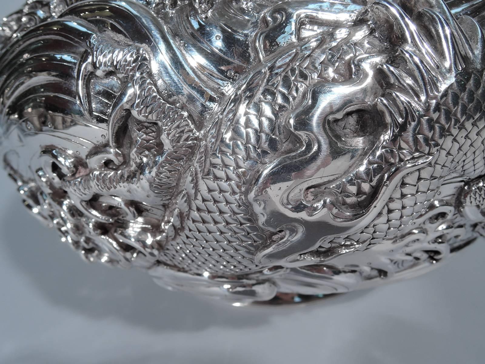 Fantastic Japanese Silver Centerpiece Bowl with Dragon 1