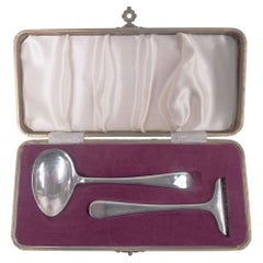 English Sterling Silver Baby Set with Food Pusher & Pap Spoon in Case