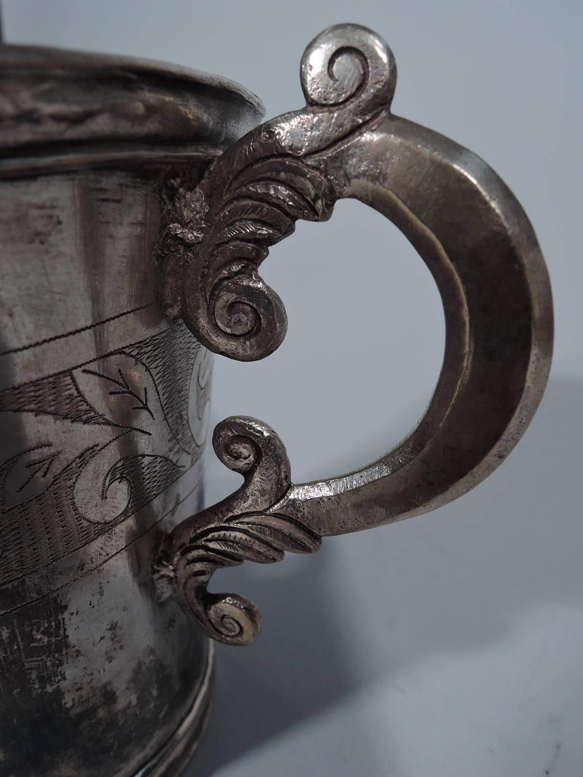 Spanish Colonial Antique South American Silver Mug with Scrolls and Leaves
