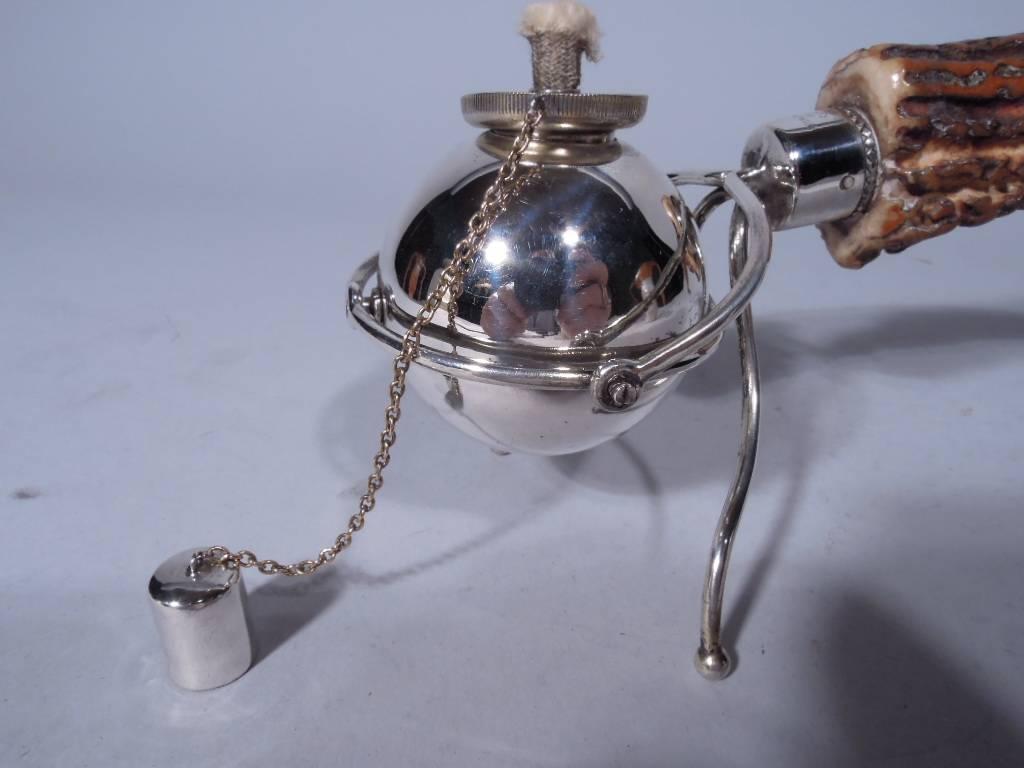 Edwardian Gilded Age American Sterling Silver and Antler Cigar Lighter