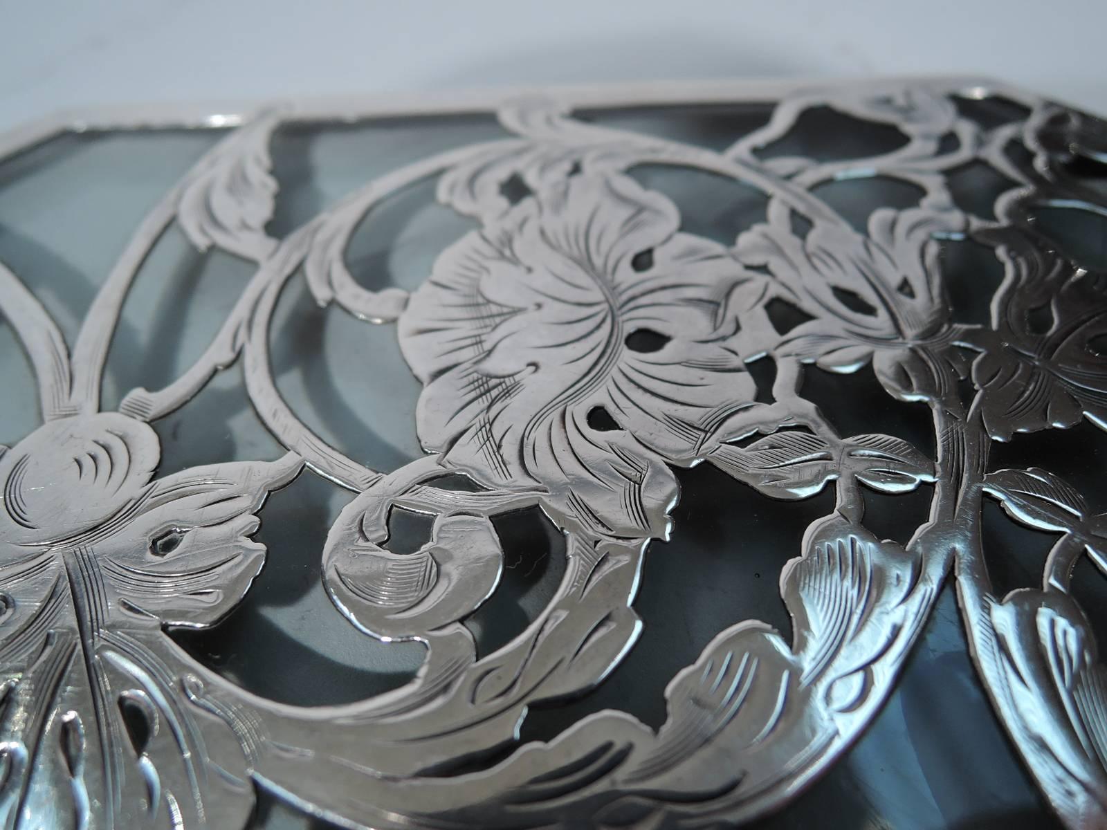 Edwardian Unusual Octagonal Glass Trivet with Silver Overlay Garland