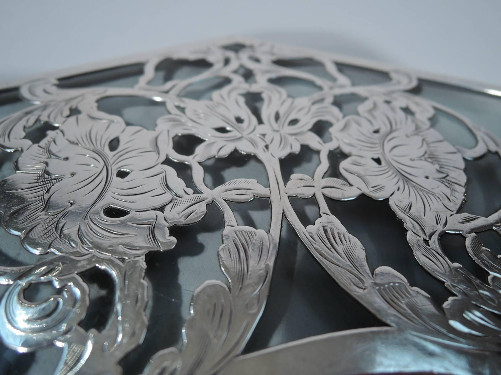 American Unusual Octagonal Glass Trivet with Silver Overlay Garland