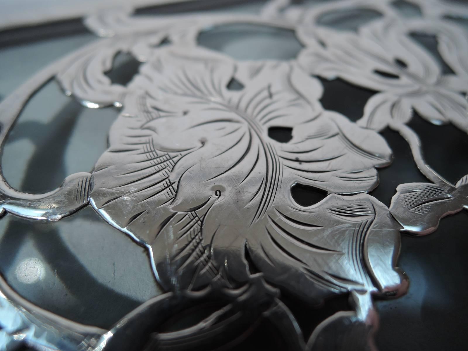 20th Century Unusual Octagonal Glass Trivet with Silver Overlay Garland