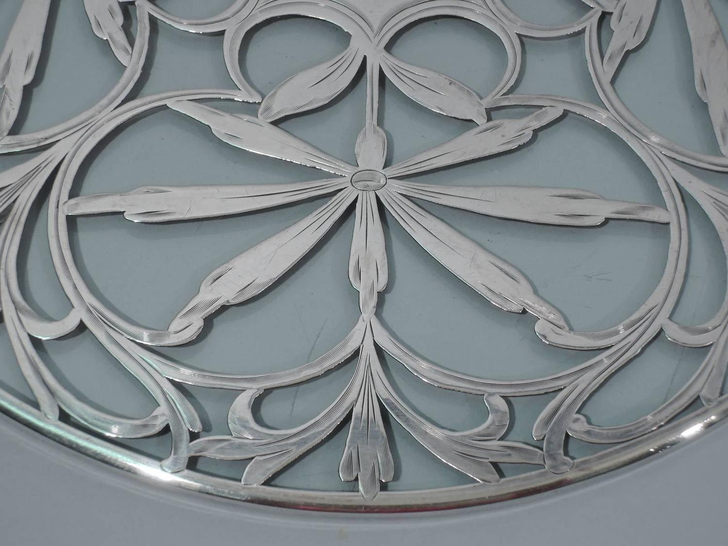 Antique Glass Trivet with SemiAbstract Floral Silver Overlay For Sale at 1stdibs