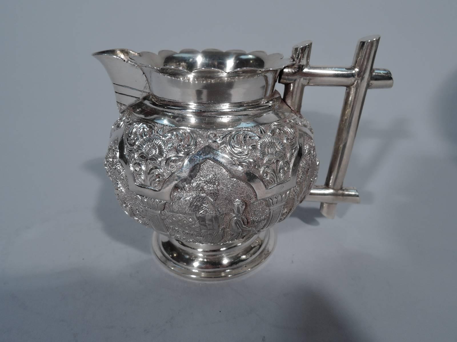 19th Century Colonial Indian Silver Tea Set with Exotic Scenes