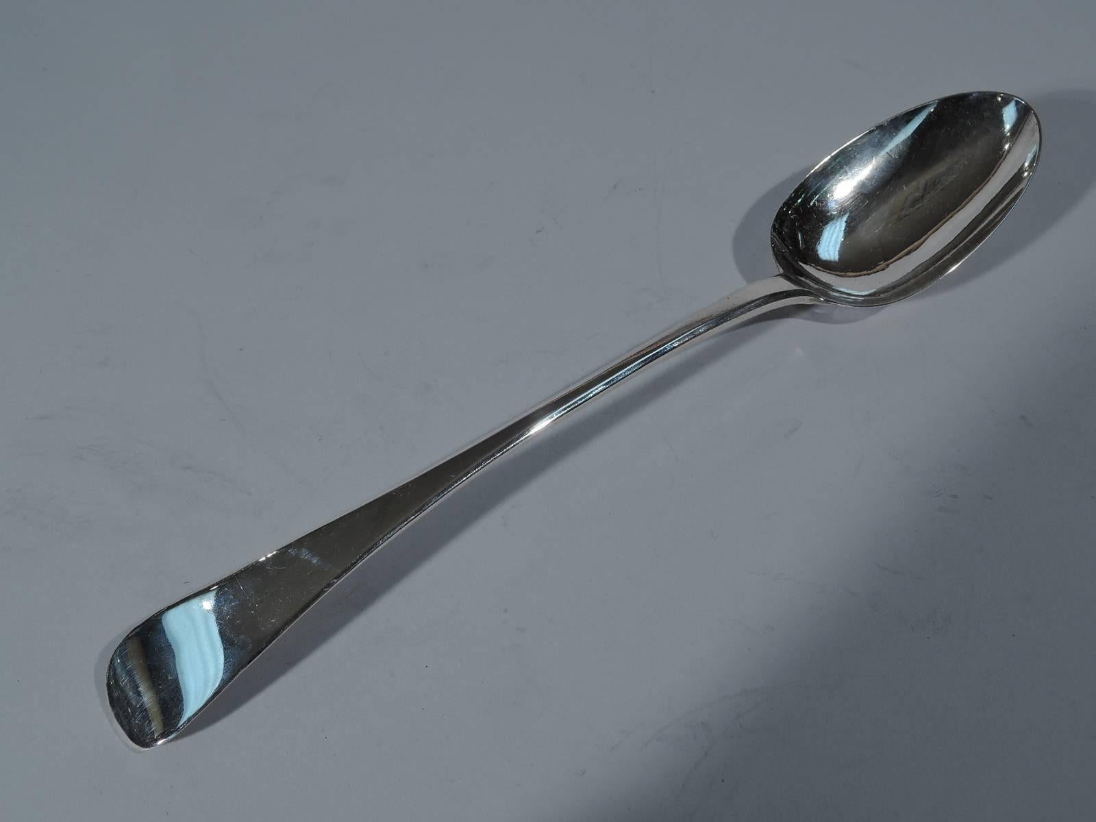 Regency sterling silver stuffing spoon. Made in London in 1824. Tapering handle and oval bowl. Indistinct maker’s mark – appears to be RR for Robert Rutland, a flatware maker in the early 19th century. Nice condition and patina.

Measures: Length: