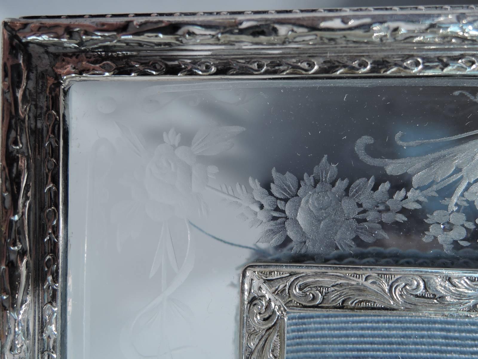 Etched American Edwardian Sterling Silver and Glass Picture Frame