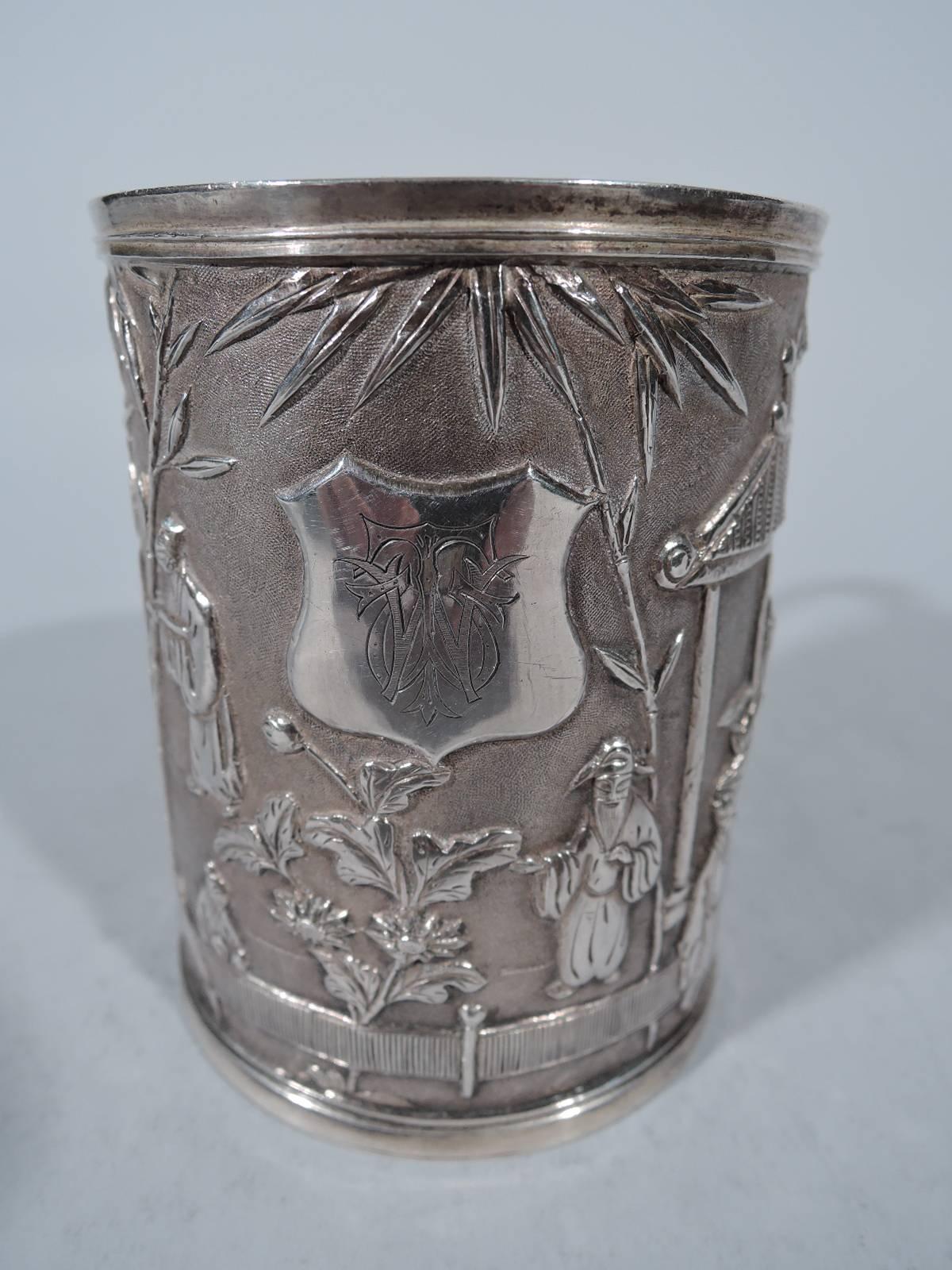 Chinese Export Silver Christening Mug with Exotic Scenes In Excellent Condition In New York, NY