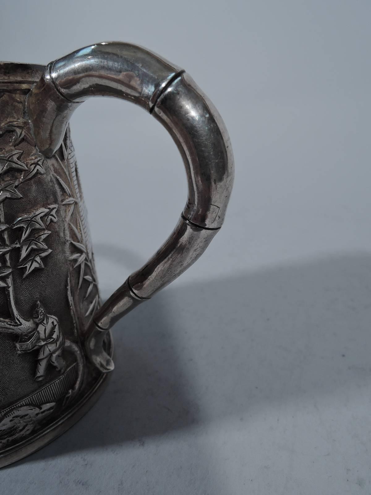 19th Century Chinese Export Silver Christening Mug with Exotic Scenes