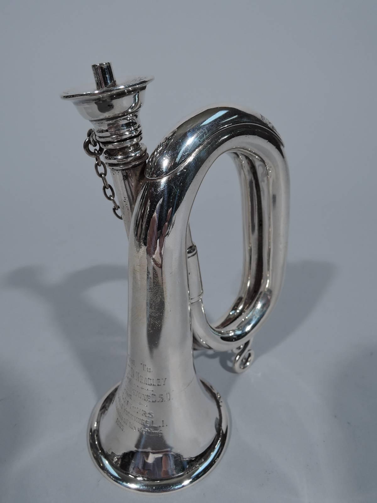 Edwardian sterling silver novelty cigar lighter. Made by in London in 1905. Bugle form with chained and detachable head. Engraved military inscription: Presented to Lieut. STGB Headley by Colonel Johnston DSO and the officers 3rd Kings Own Yorkshire
