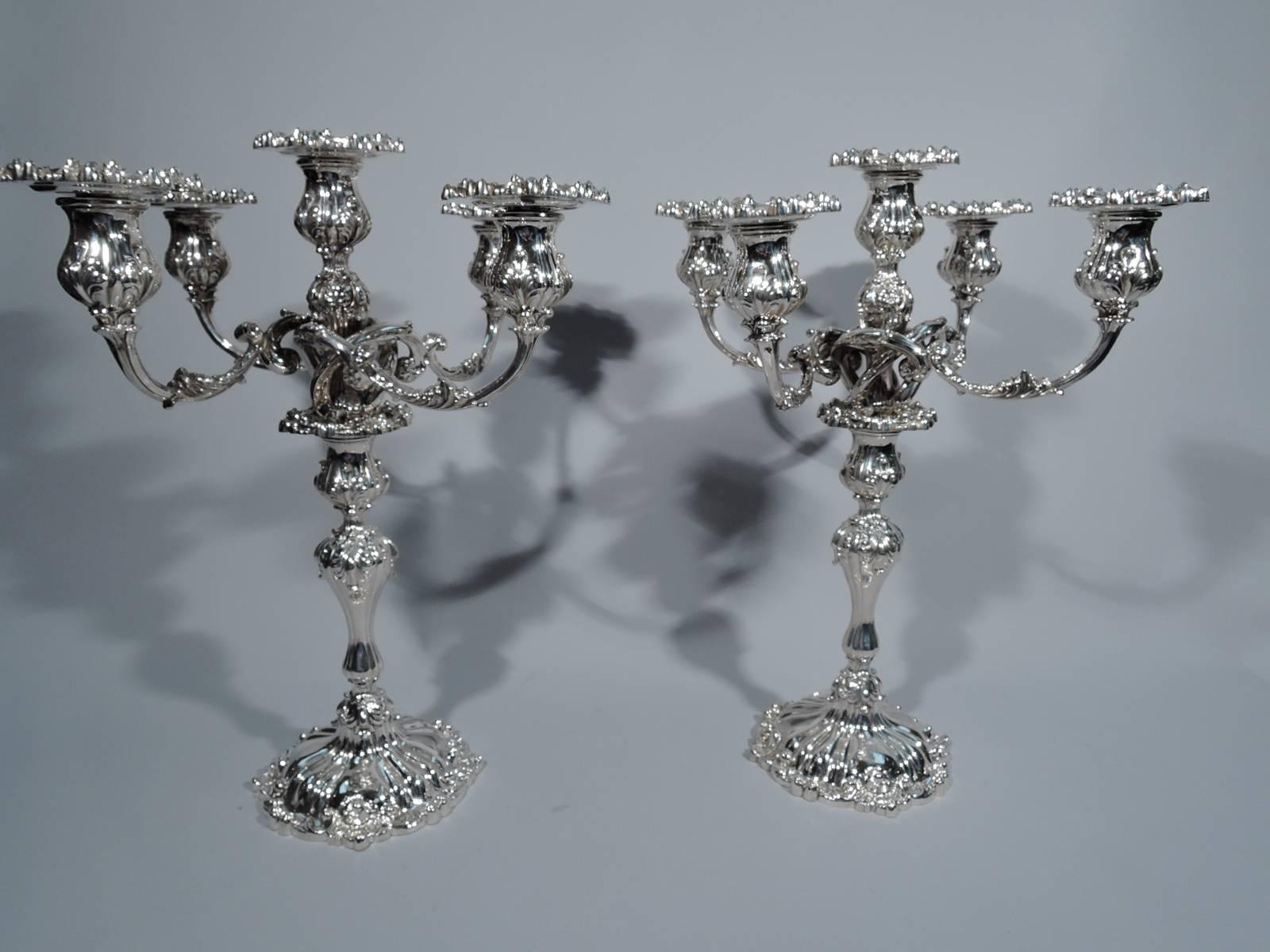 American Pair of JE Caldwell Sterling Silver Five-Light Candelabra with Shades