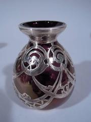 Art Nouveau Iridescent Purple Glass Silver Overlay Bud Vase