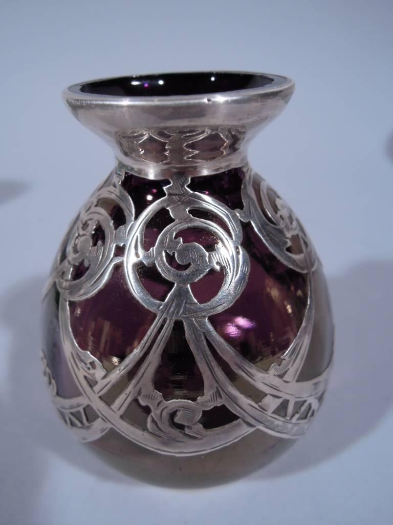 American Art Nouveau Iridescent Purple Glass Silver Overlay Bud Vase