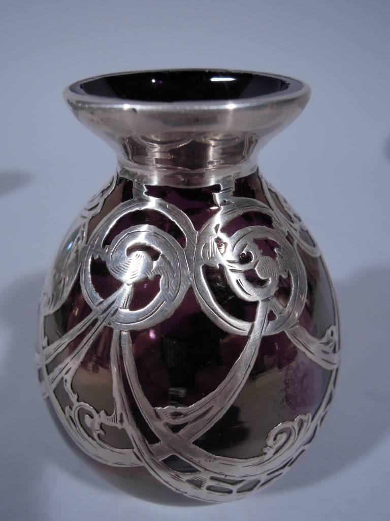 Art Nouveau Iridescent Purple Glass Silver Overlay Bud Vase In Excellent Condition In New York, NY