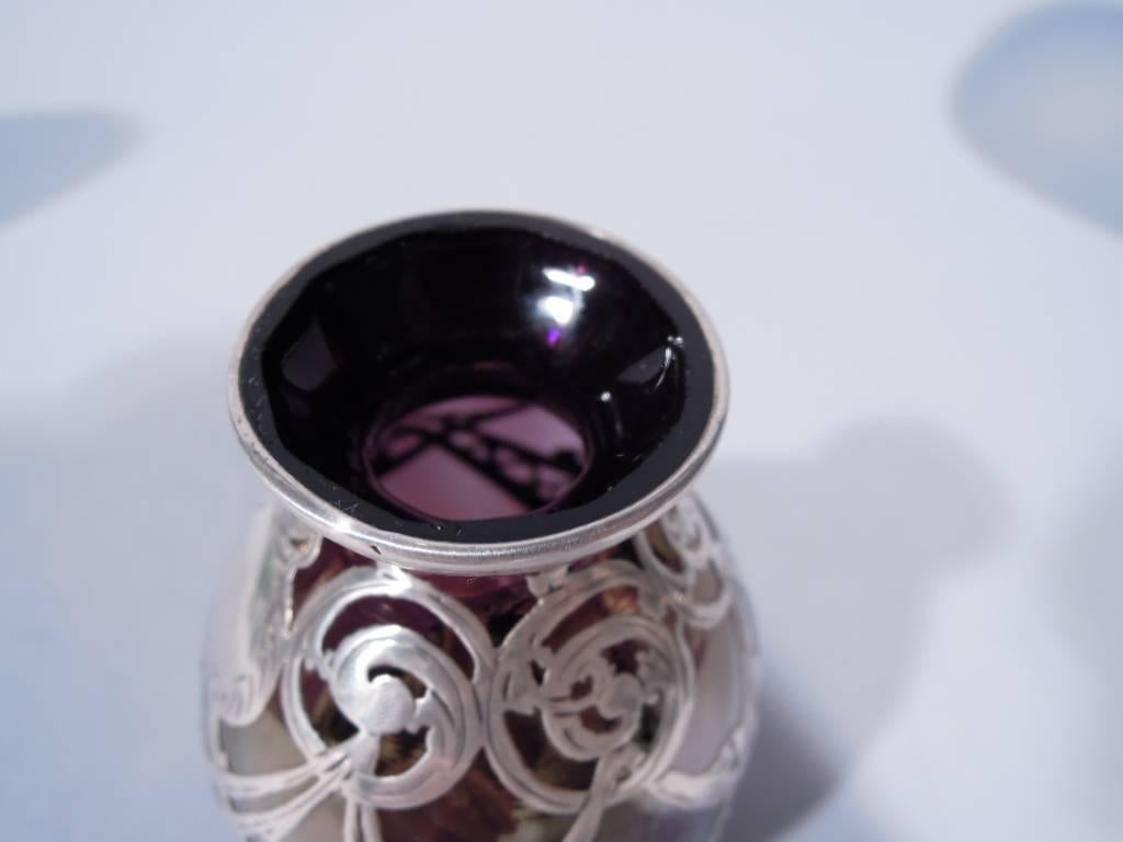 19th Century Art Nouveau Iridescent Purple Glass Silver Overlay Bud Vase