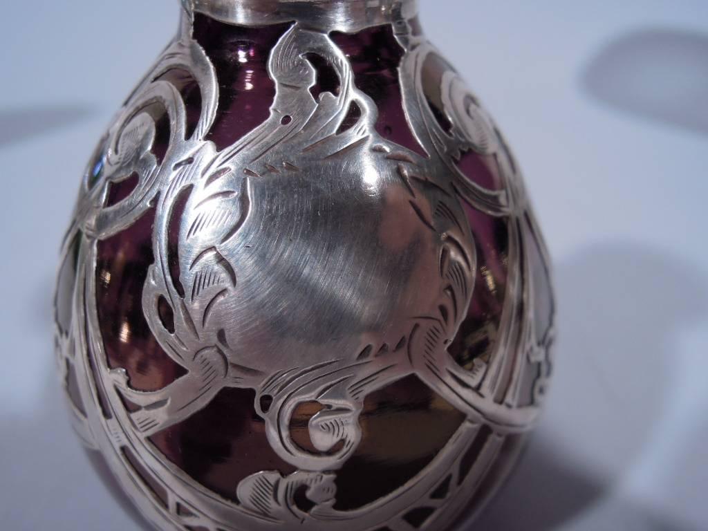 Art Glass Art Nouveau Iridescent Purple Glass Silver Overlay Bud Vase