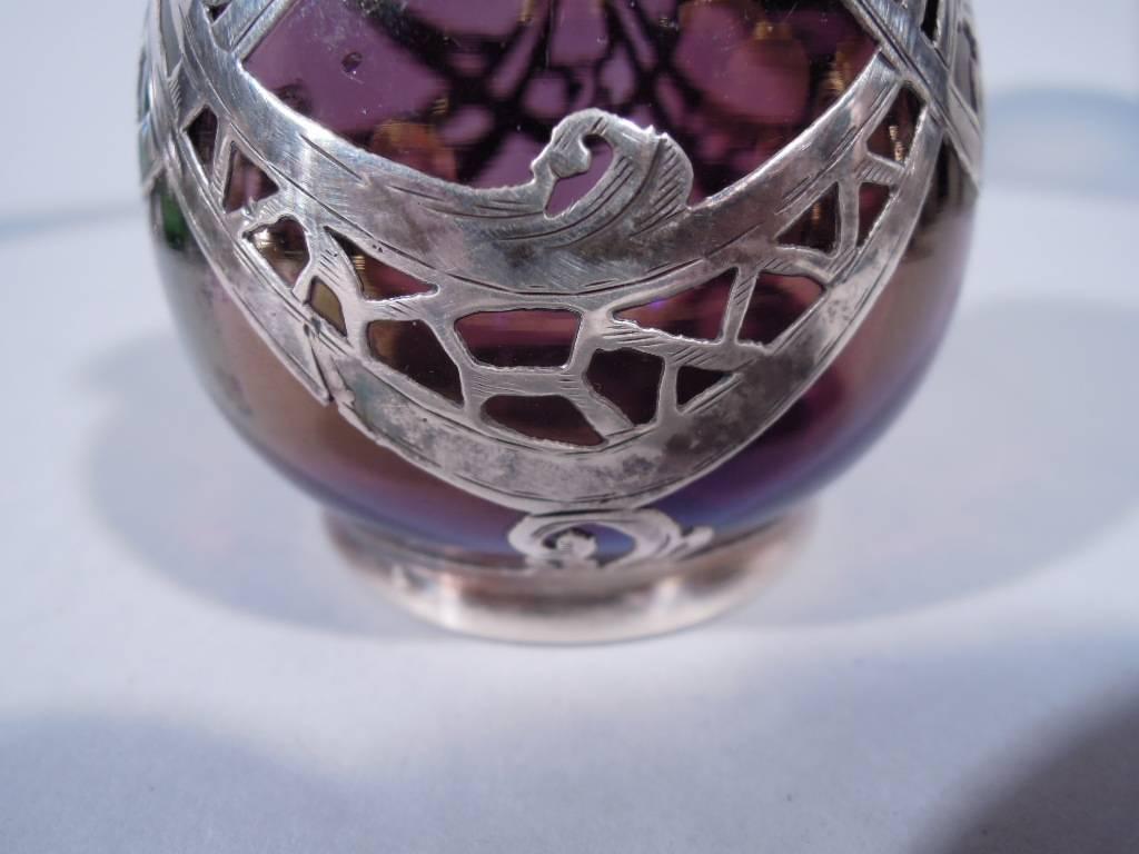 Art Nouveau Iridescent Purple Glass Silver Overlay Bud Vase 1