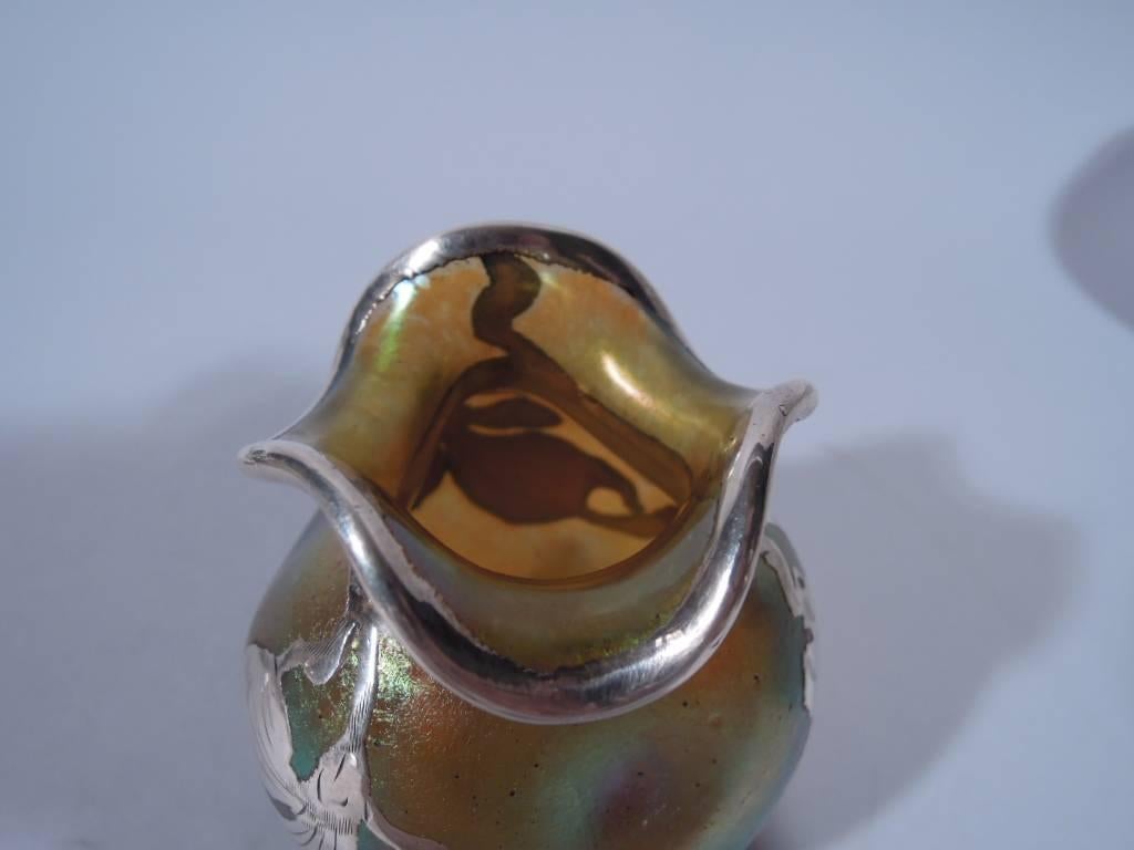 American Art Nouveau Iridescent Gold Glass Silver Overlay Bud Vase