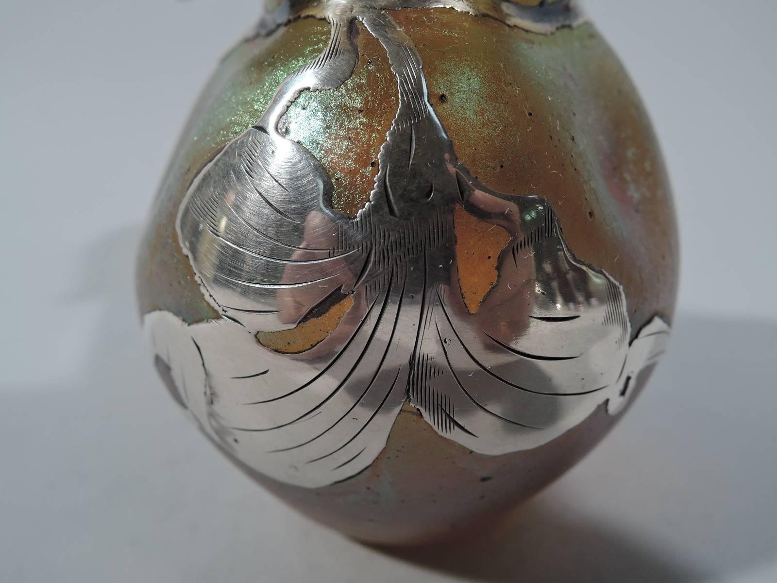 19th Century Art Nouveau Iridescent Gold Glass Silver Overlay Bud Vase