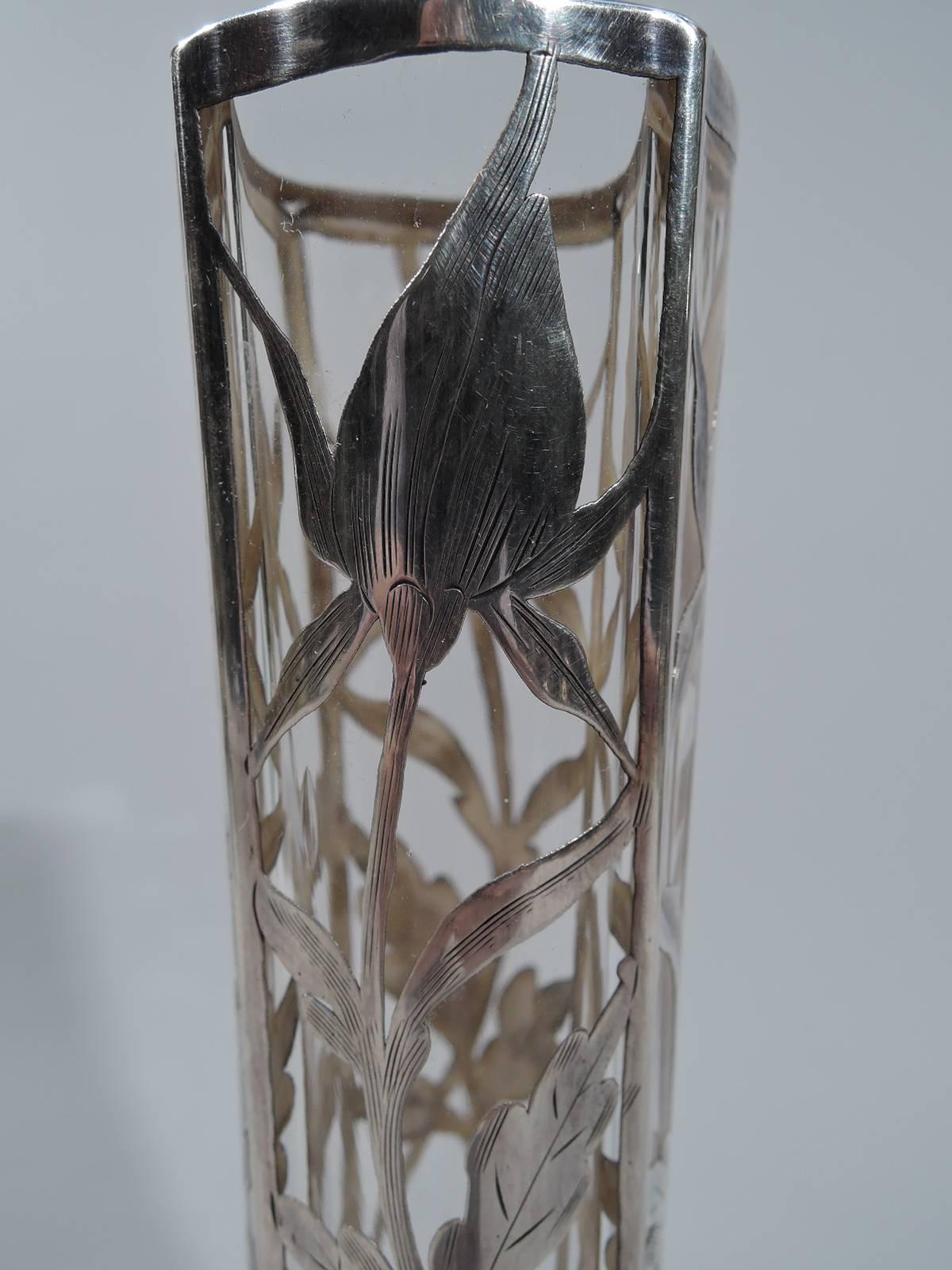 Unusual American Art Nouveau Clear and Cranberry Glass Vase with Silver Overlay In Excellent Condition In New York, NY