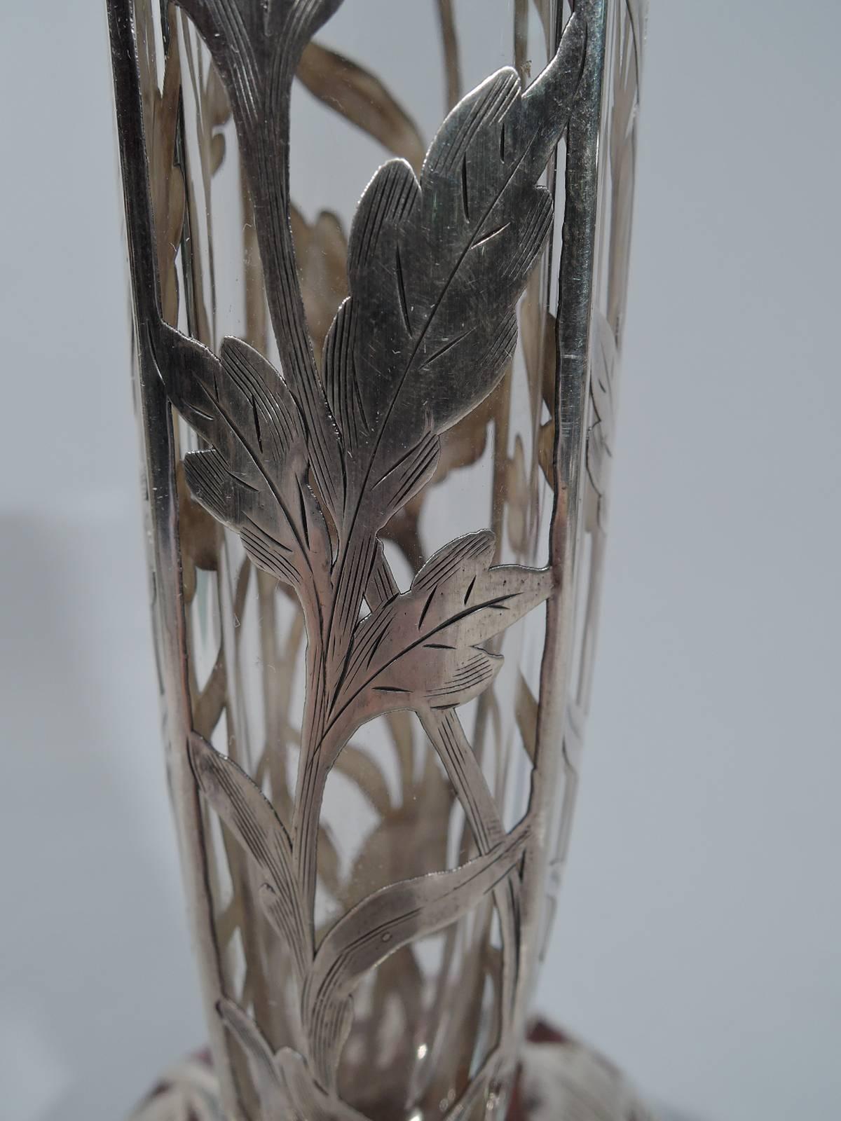 19th Century Unusual American Art Nouveau Clear and Cranberry Glass Vase with Silver Overlay