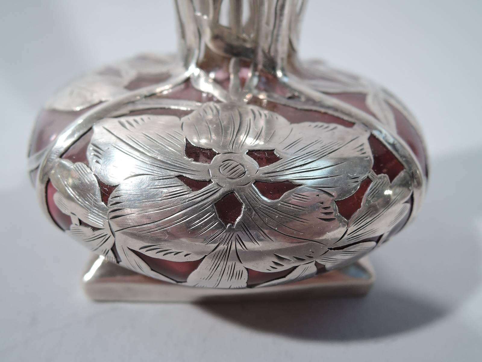 Unusual American Art Nouveau Clear and Cranberry Glass Vase with Silver Overlay 1