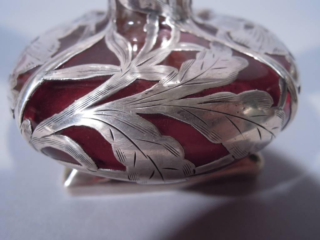 Unusual American Art Nouveau Clear and Cranberry Glass Vase with Silver Overlay 2