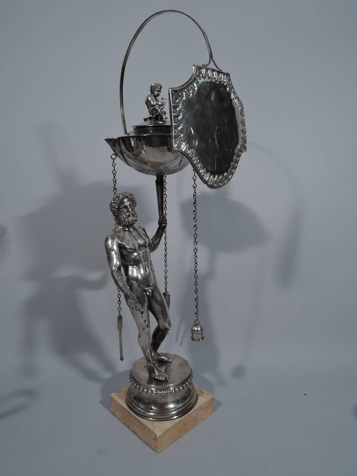 Neoclassical silver oil lamp. Made by Pietro Belli in Rome, 1825-1828. Standing classical male nude mounted to circular base mounted to square marble base. He holds in hand a conical support. Set in support is detachable covered bowl pierced for 3