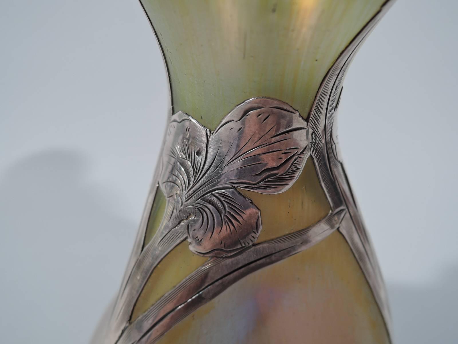19th Century Alvin Art Nouveau Iridescent Gold Glass Vase with Silver Overlay
