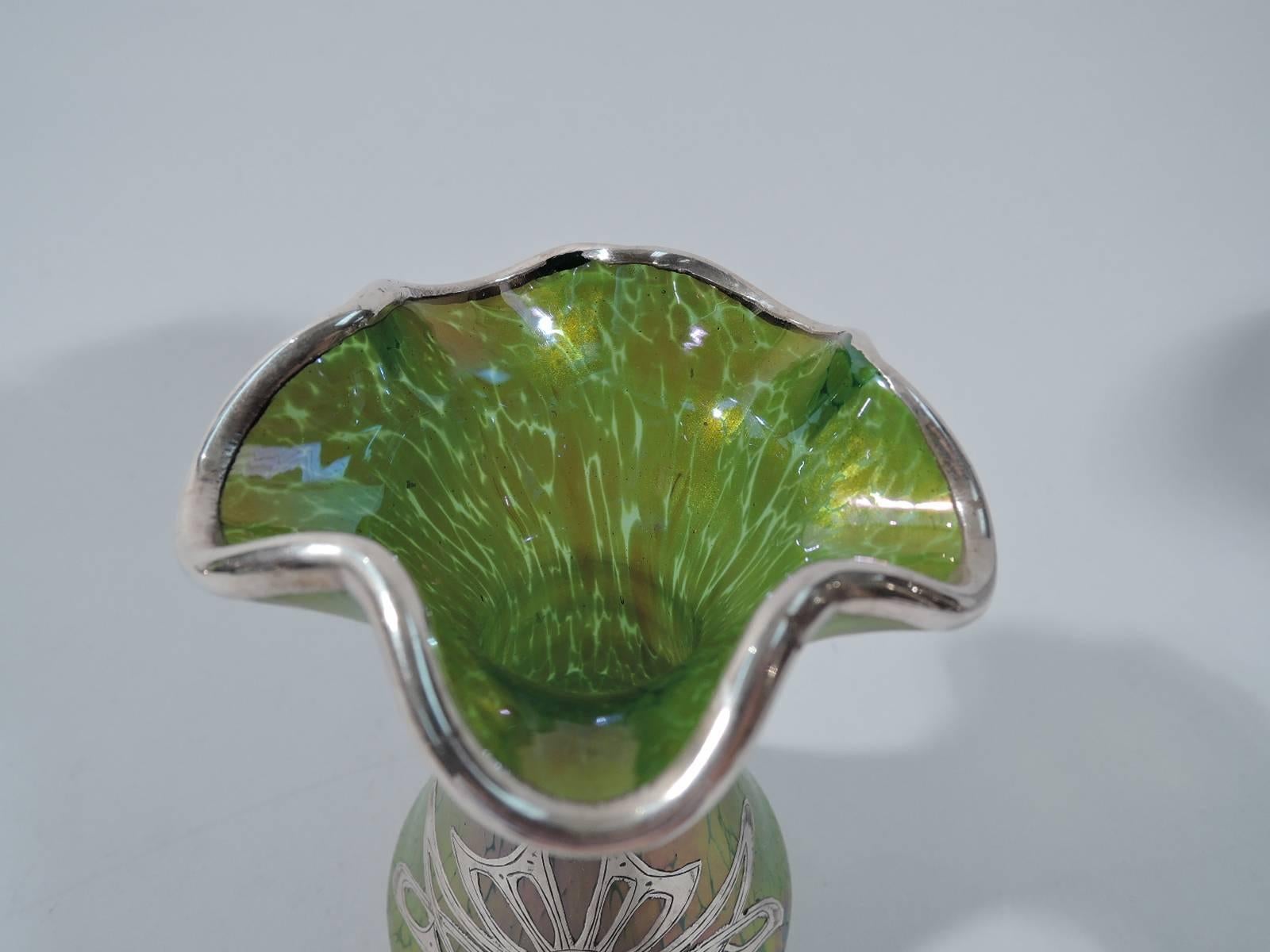 American Art Nouveau Iridescent Glass Vase with Silver Overlay