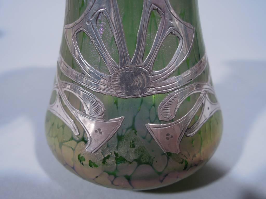 Art Nouveau Iridescent Glass Vase with Silver Overlay In Good Condition In New York, NY