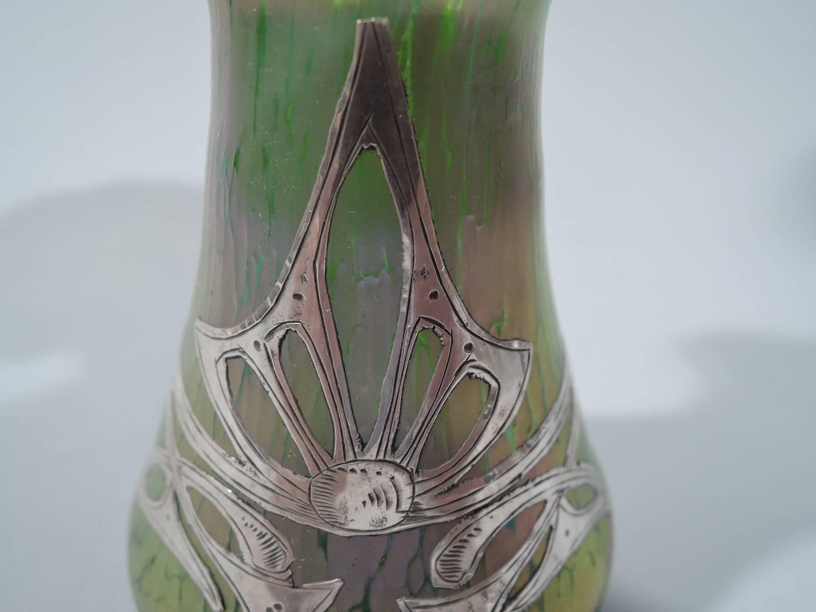 19th Century Art Nouveau Iridescent Glass Vase with Silver Overlay