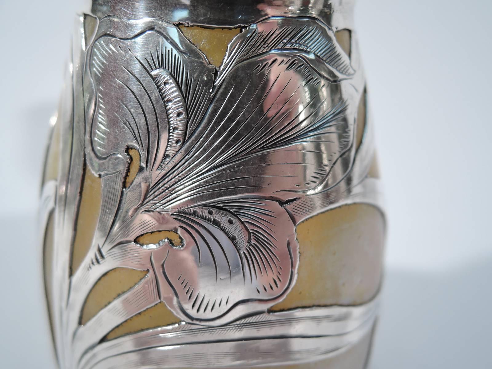 19th Century Alvin Art Nouveau Iridescent Glass Vase with Silver Overlay